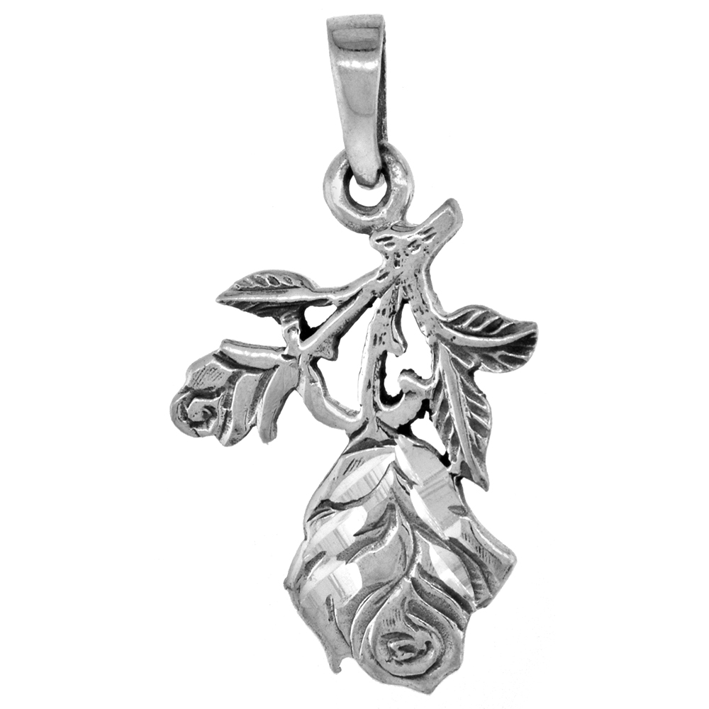 1 INCH STERLING SILVER UPSIDE DOWN ROSE FLOWER PENDANT FOR WOMEN DIAMOND-CUT OXIDIZED FINISH NO CHAIN