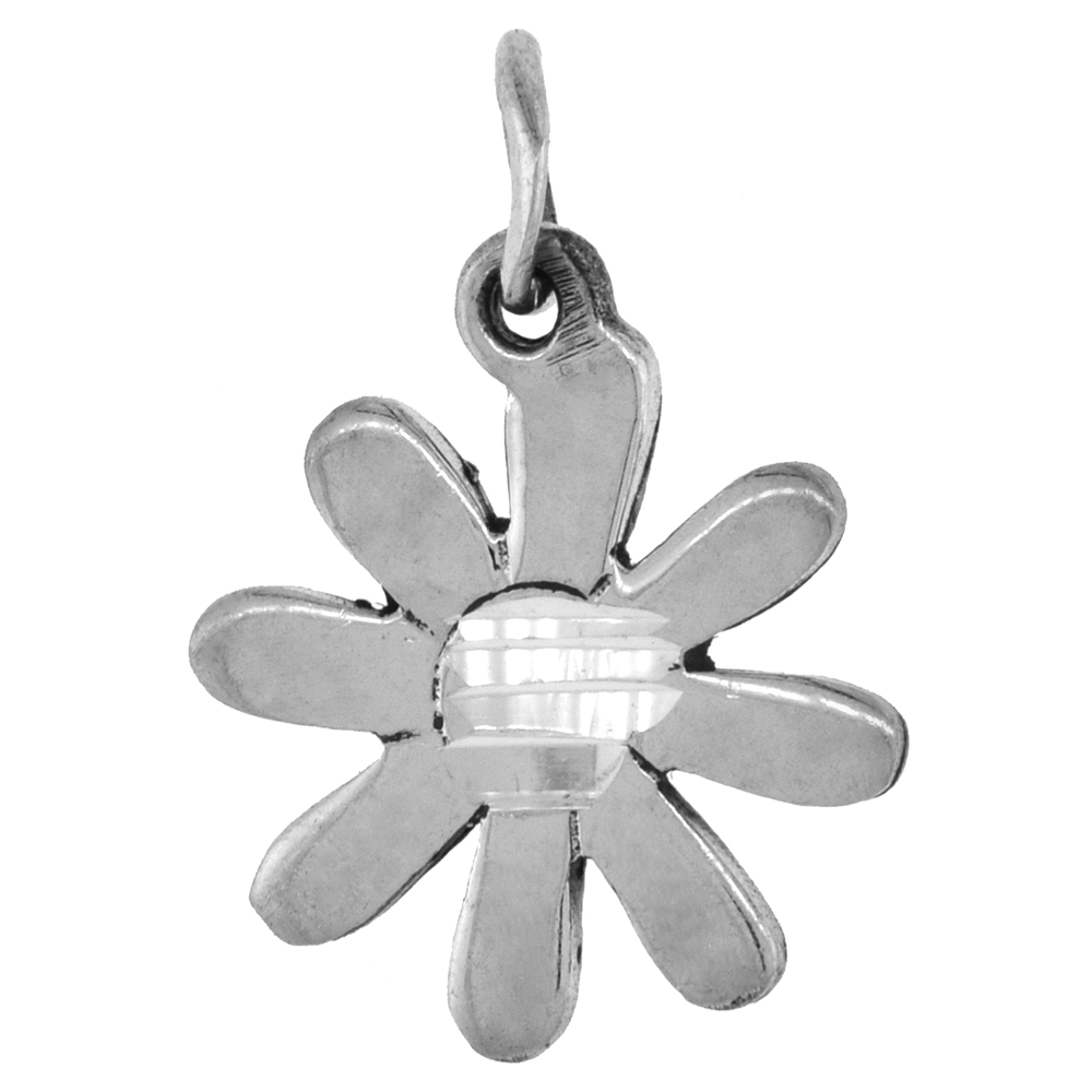 TINY 5/8 INCH STERLING SILVER DAISY FLOWER PENDANT FOR WOMEN FOR WOMEN DIAMOND-CUT OXIDIZED FINISH NO CHAIN