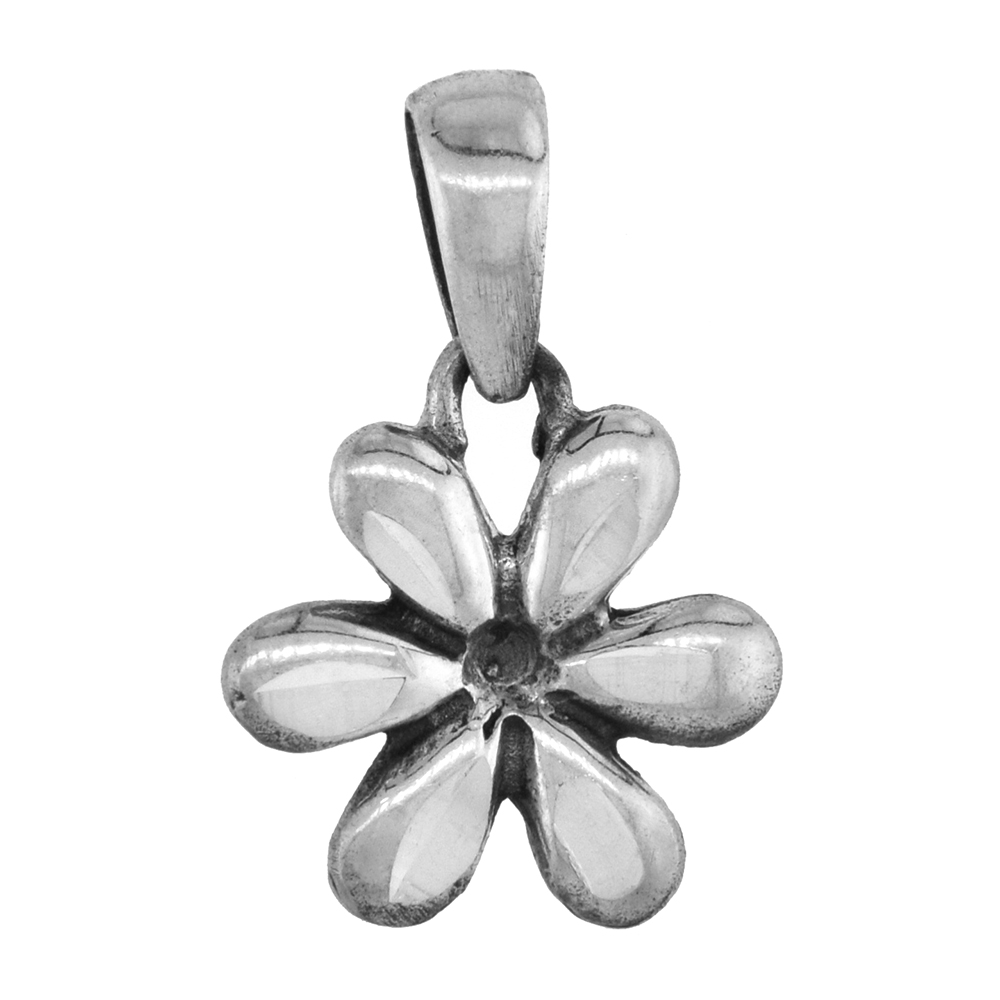 TINY 1/2 INCH STERLING SILVER DAISY FLOWER PENDANT FOR WOMEN FOR WOMEN DIAMOND-CUT OXIDIZED FINISH NO CHAIN