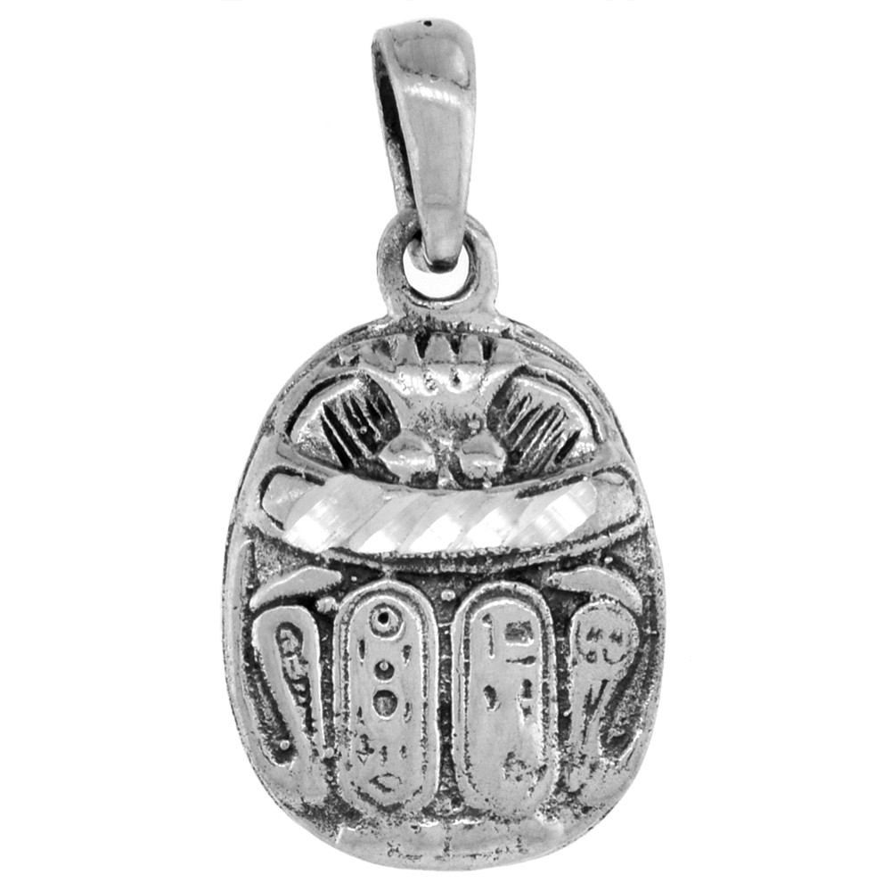 SMALL 3/4 INCH STERLING SILVER EGYPTIAN SCARAB PENDANT FOR WOMEN DIAMOND-CUT OXIDIZED FINISH NO CHAIN