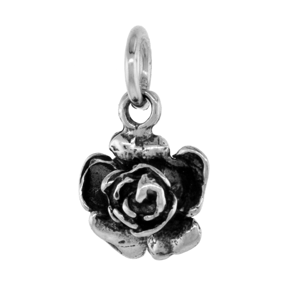 TINY 1/2 INCH STERLING SILVER ROSE FLOWER PENDANT FOR WOMEN FOR WOMEN DIAMOND-CUT OXIDIZED FINISH NO CHAIN