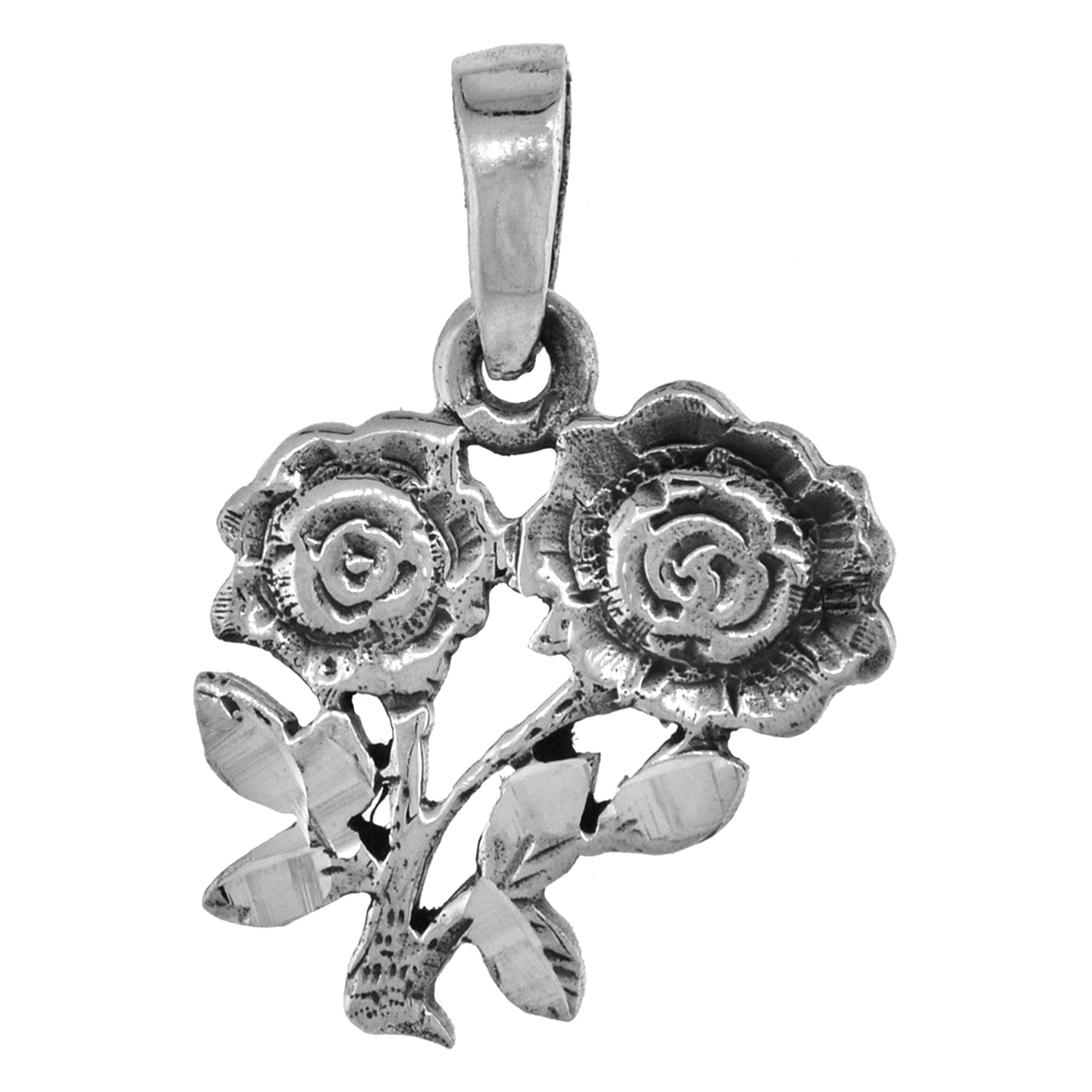SMALL 3/4 INCH STERLING SILVER DOUBLE ROSE FLOWER PENDANT FOR WOMEN FOR WOMEN DIAMOND-CUT OXIDIZED FINISH NO CHAIN