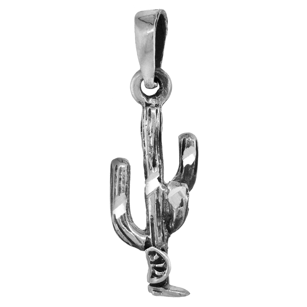 7/8 INCH STERLING SILVER ARIZONA SAGUARO CACTUS PENDANT DIAMOND-CUT OXIDIZED FINISH NO CHAIN