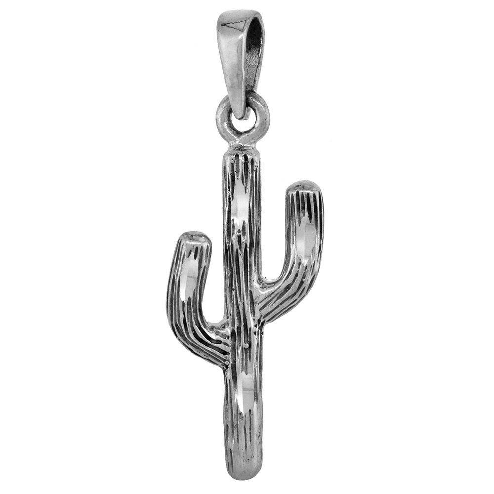 1 1/8 INCH STERLING SILVER ARIZONA SAGUARO CACTUS PENDANT DIAMOND-CUT OXIDIZED FINISH NO CHAIN