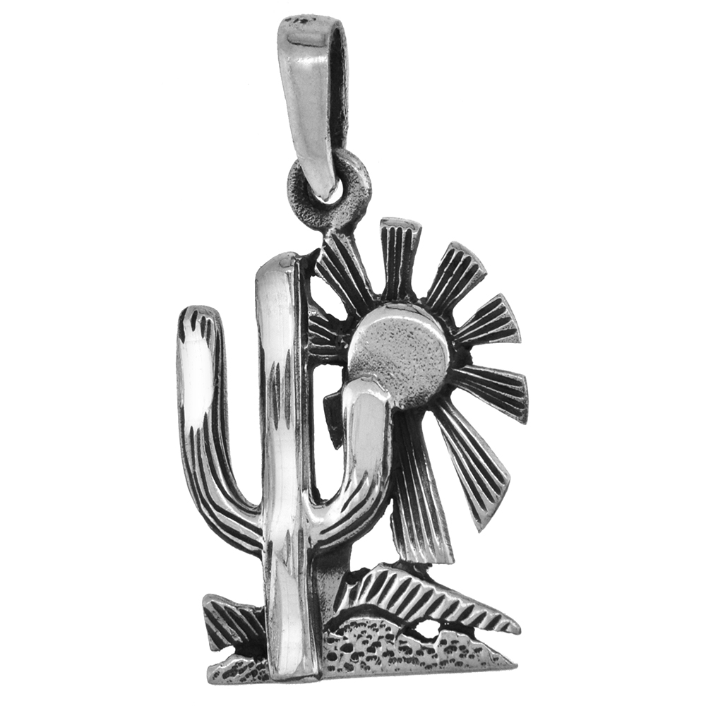 1 INCH STERLING SILVER ARIZONA DESERT SUN WITH CACTUS PENDANT DIAMOND-CUT OXIDIZED FINISH NO CHAIN