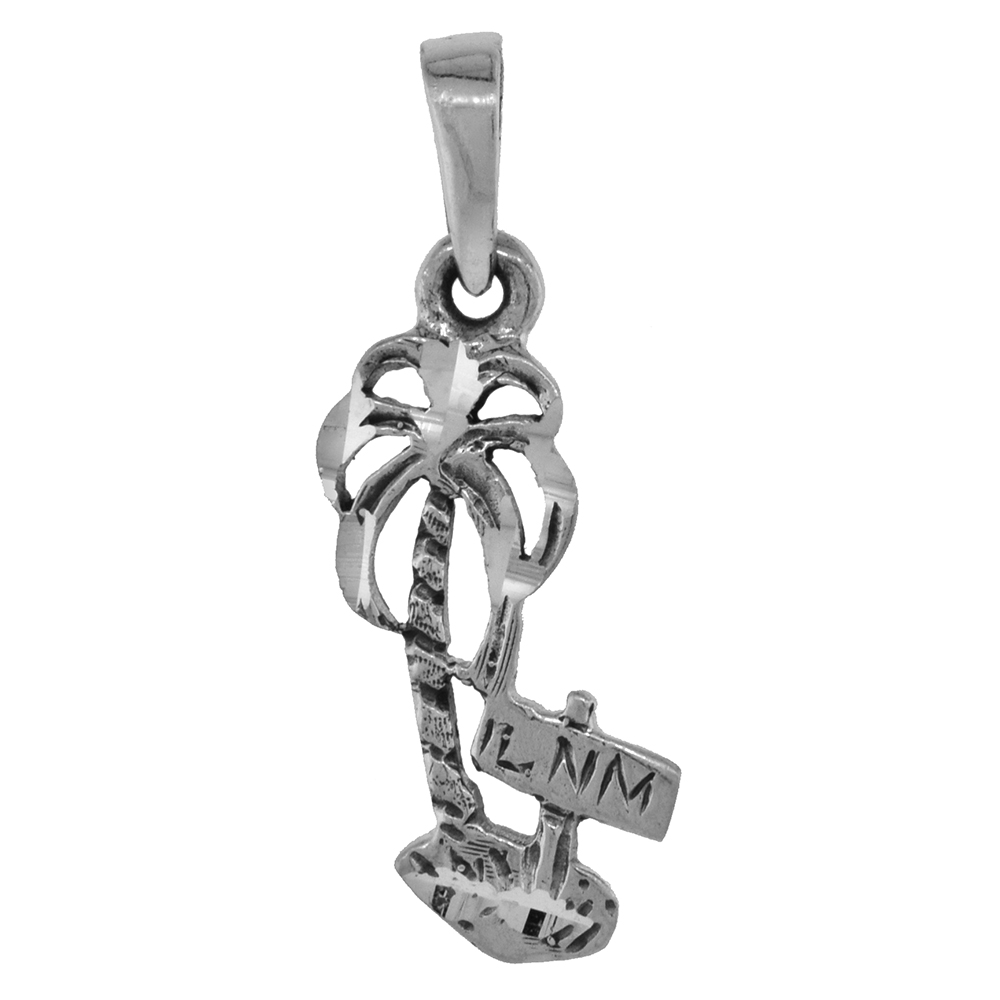 SMALL 3/4 INCH STERLING SILVER PALM TREE PENDANT FOR WOMEN DIAMOND-CUT OXIDIZED FINISH NO CHAIN