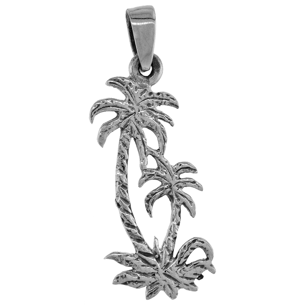 1 1/8 INCH STERLING SILVER PALM TREE PENDANT DIAMOND-CUT OXIDIZED FINISH NO CHAIN