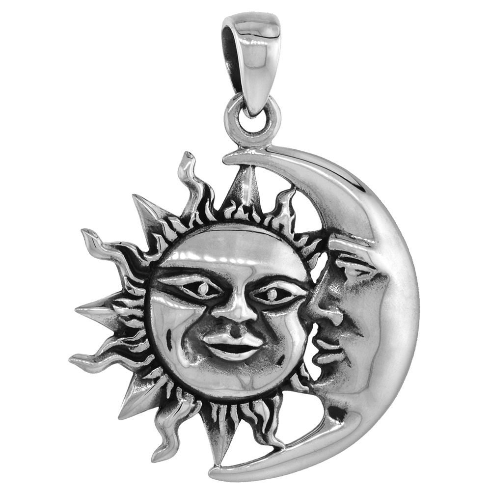 1 1/8 INCH STERLING SILVER SUN AND MOON PENDANT DIAMOND-CUT OXIDIZED FINISH NO CHAIN