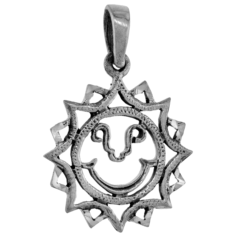 1 INCH STERLING SILVER HINDU SUN SYMBOL SURYA PENDANT CUT-OUT DIAMOND-CUT OXIDIZED FINISH NO CHAIN