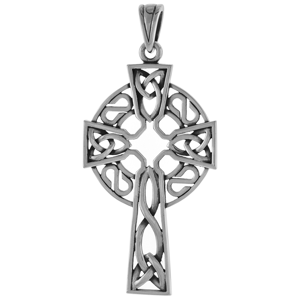 LARGE 2 INCH STERLING SILVER CELTIC CROSS PENDANT TRIQUETRA HIGH CROSS FOR MEN DIAMOND-CUT OXIDIZED FINISH NO CHAIN (NO CHAIN)