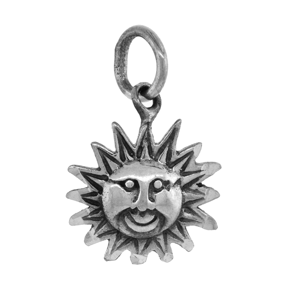 Tiny 5/8 inch Sterling Silver Sun Pendant for Women Diamond-Cut Oxidized finish NO Chain