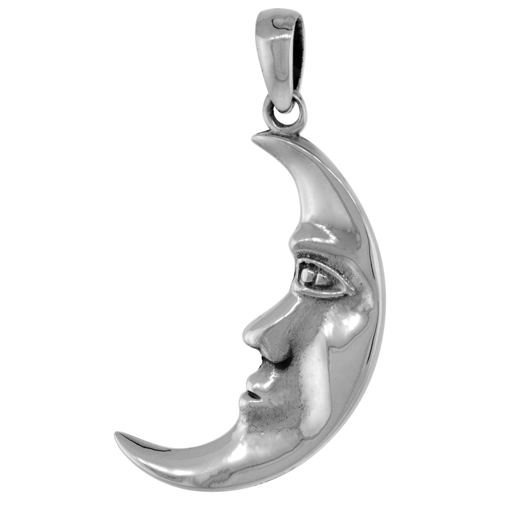1 1/4 INCH STERLING SILVER MAN IN THE MOON PENDANT DIAMOND-CUT OXIDIZED FINISH NO CHAIN