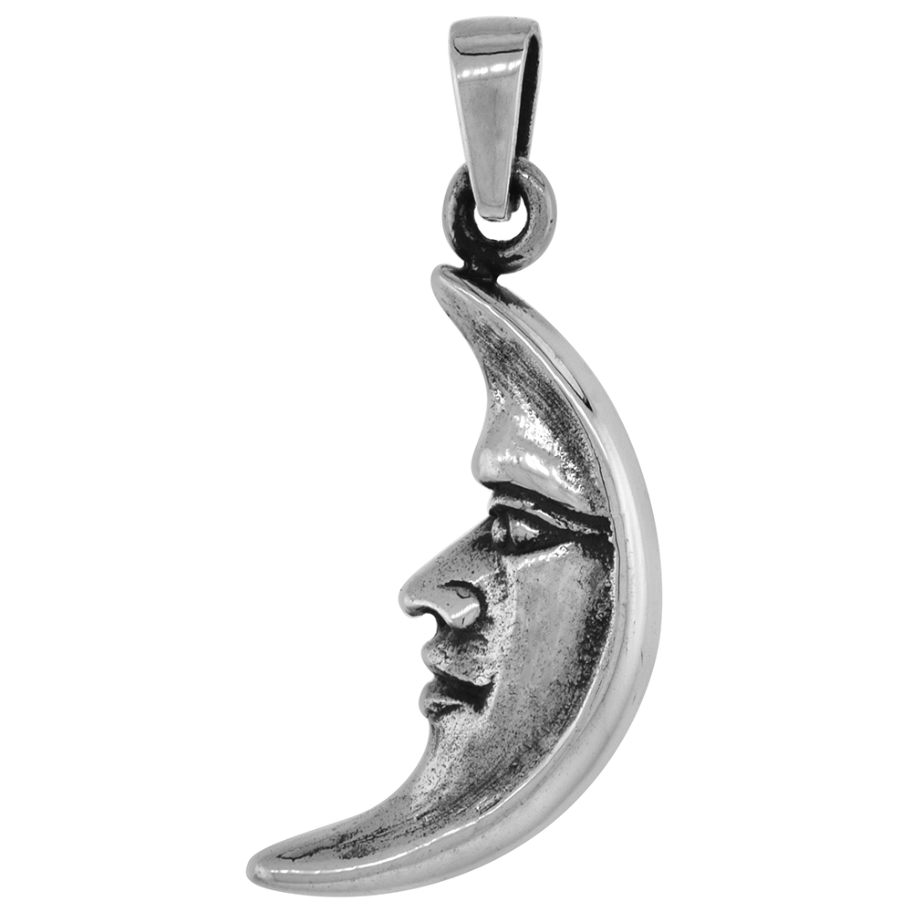1 1/8 INCH STERLING SILVER MAN IN THE MOON PENDANT DIAMOND-CUT OXIDIZED FINISH NO CHAIN