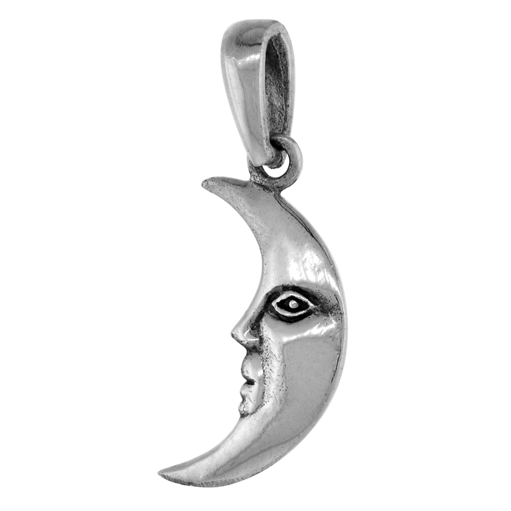 SMALL 3/4 INCH STERLING SILVER MAN IN THE MOON PENDANT FOR WOMEN DIAMOND-CUT OXIDIZED FINISH NO CHAIN
