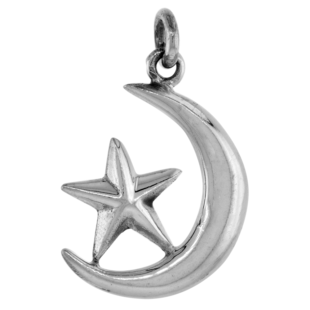 SMALL 3/4 INCH STERLING SILVER MOON AND STAR PENDANT FOR WOMEN DIAMOND-CUT OXIDIZED FINISH NO CHAIN
