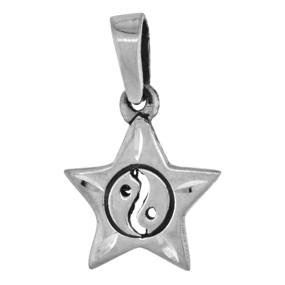 TINY 5/8 INCH STERLING SILVER STAR WITH YIN YANG PENDANT FOR WOMEN DIAMOND-CUT OXIDIZED FINISH NO CHAIN