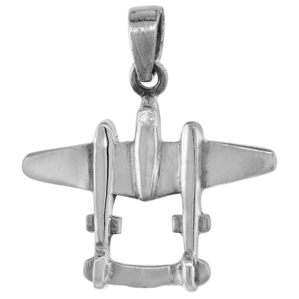 1 1/16 INCH STERLING SILVER P-38 LIGHTNING AIRPLANE PENDANT DIAMOND-CUT OXIDIZED FINISH NO CHAIN
