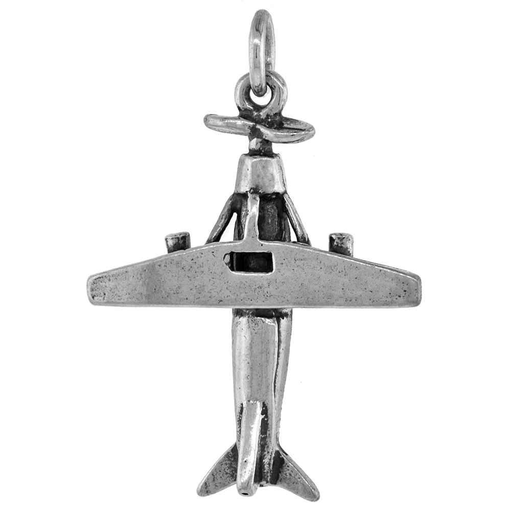 1 3/8 INCH STERLING SILVER FOKKER F.VII AIRPLANE PENDANT DIAMOND-CUT OXIDIZED FINISH NO CHAIN