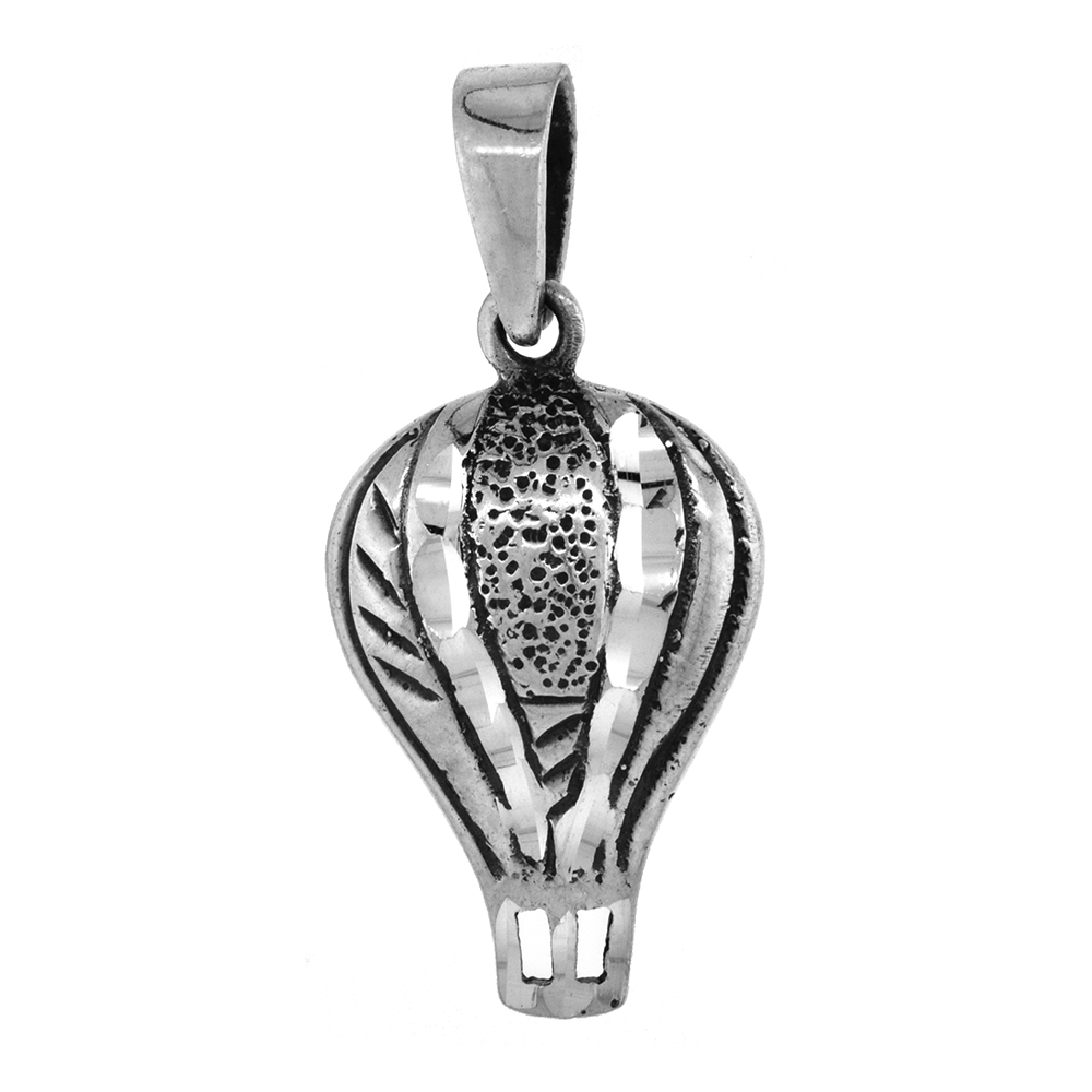 1 1/4 INCH STERLING SILVER HOT AIR BALLOON PENDANT DIAMOND-CUT OXIDIZED FINISH NO CHAIN