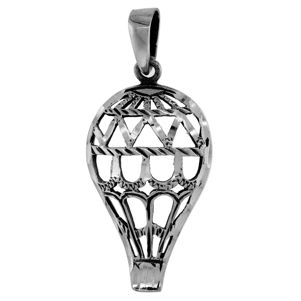 1 1/2 INCH STERLING SILVER HOT AIR BALLOON PENDANT CUT-OUT PATTERN DIAMOND-CUT OXIDIZED FINISH NO CHAIN