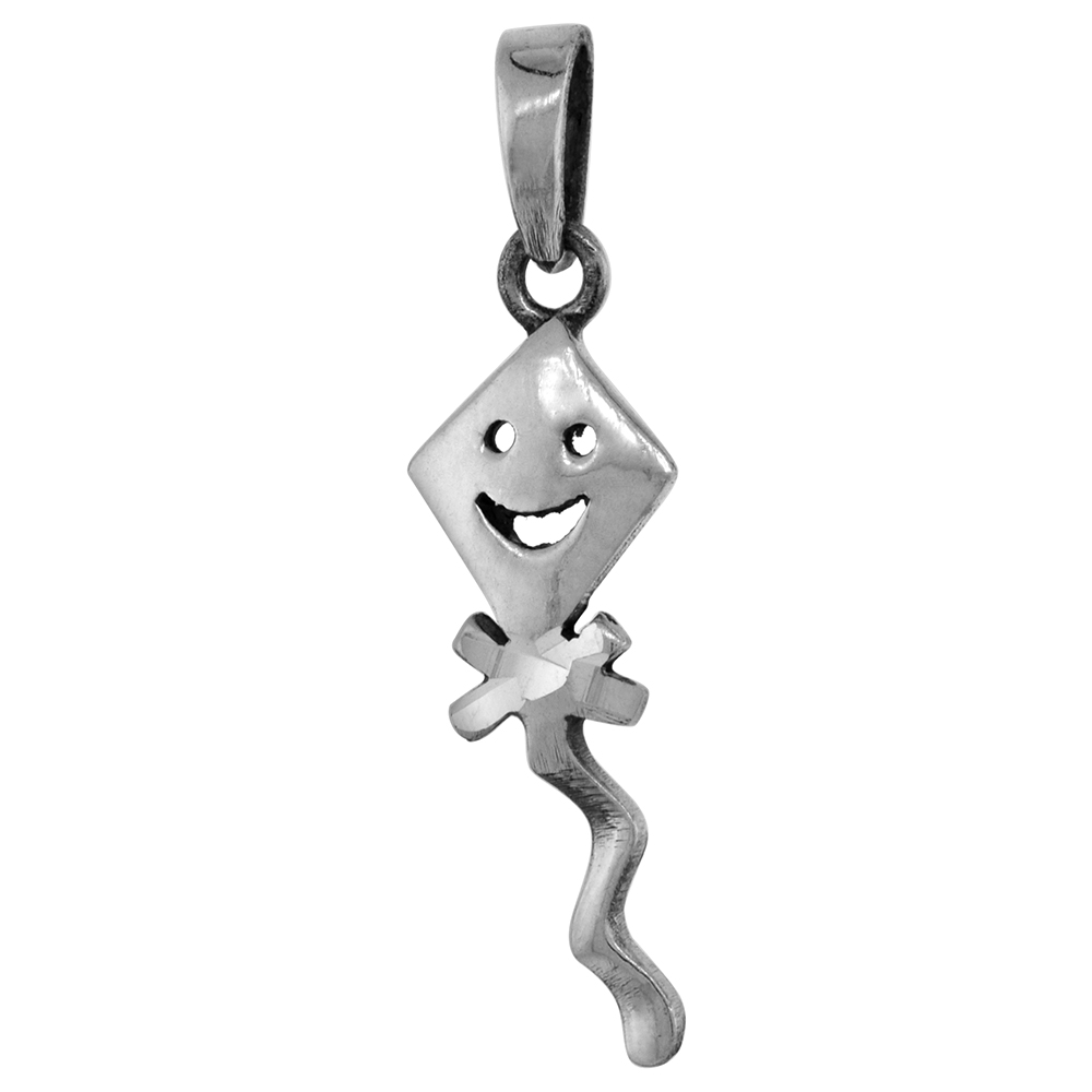 1 1/2 INCH STERLING SILVER HAPPY FACE KITE PENDANT DIAMOND-CUT OXIDIZED FINISH NO CHAIN