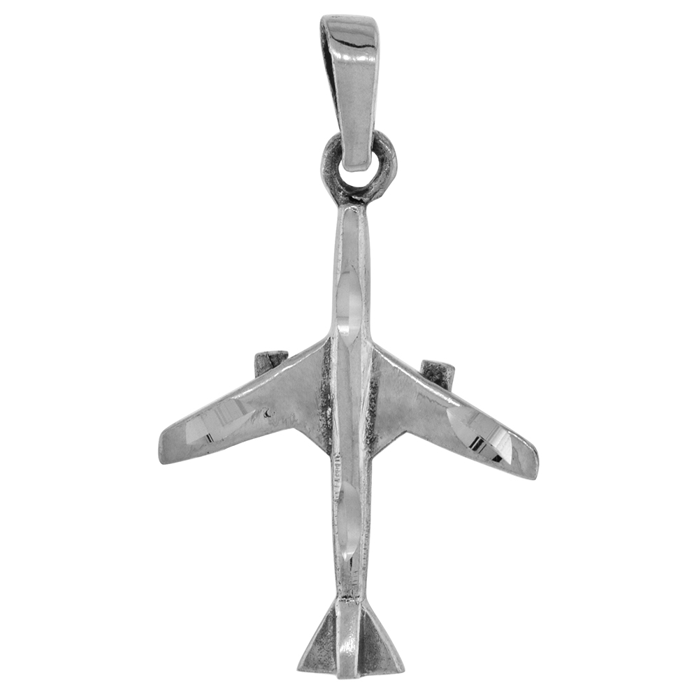 1 3/8 INCH STERLING SILVER 2 ENGINE JET AIRPLANE PENDANT DIAMOND-CUT OXIDIZED FINISH NO CHAIN