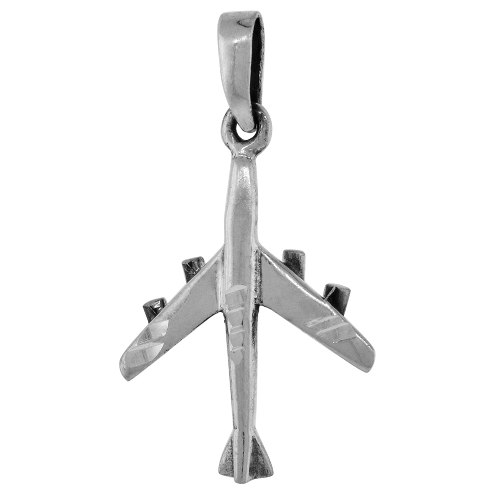 1 1/4 INCH STERLING SILVER 4 ENGINE JET AIRPLANE PENDANT DIAMOND-CUT OXIDIZED FINISH NO CHAIN