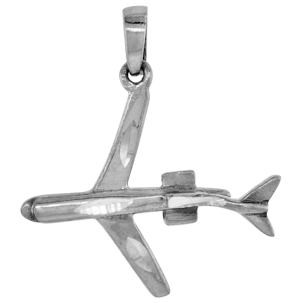 1 1/16 INCH STERLING SILVER DC-10 JET AIRPLANE PENDANT DIAMOND-CUT OXIDIZED FINISH NO CHAIN