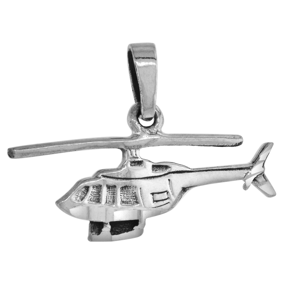 1 1/4 INCH STERLING SILVER HELICOPTER PENDANT DIAMOND-CUT OXIDIZED FINISH NO CHAIN