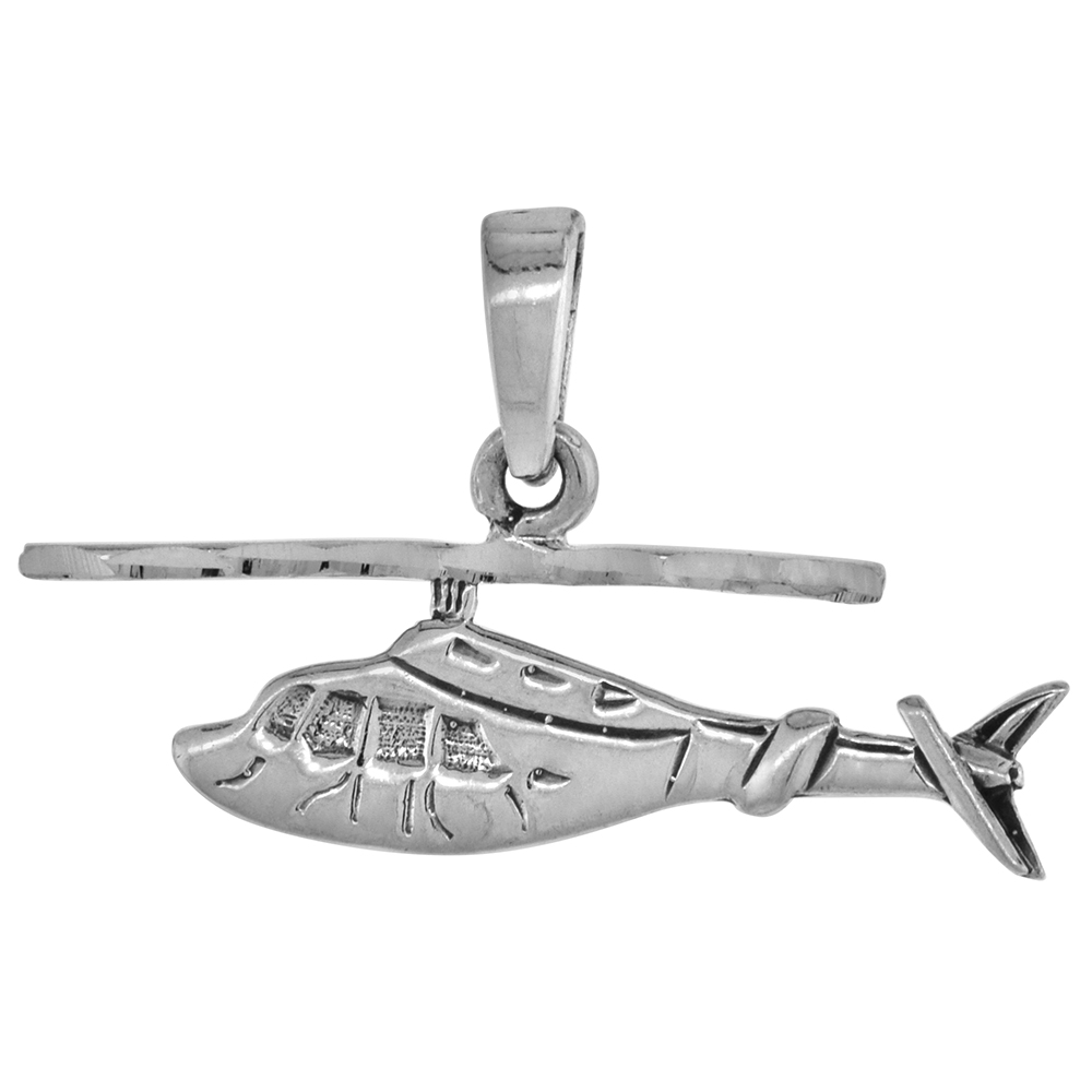 1 1/2 INCH STERLING SILVER HELICOPTER PENDANT DIAMOND-CUT OXIDIZED FINISH NO CHAIN