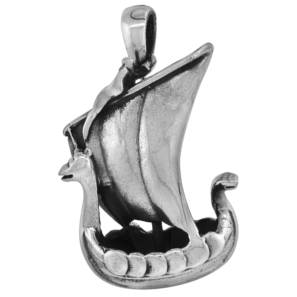 1 1/4 INCH STERLING SILVER VIKING SHIP PENDANT DIAMOND-CUT OXIDIZED FINISH NO CHAIN