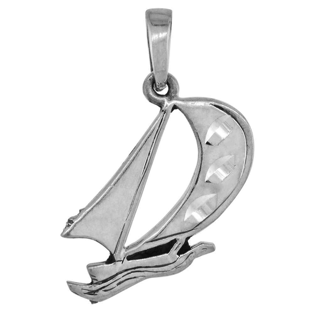 1 INCH STERLING SILVER RACING YACHT SAILBOAT PENDANT DIAMOND-CUT OXIDIZED FINISH NO CHAIN