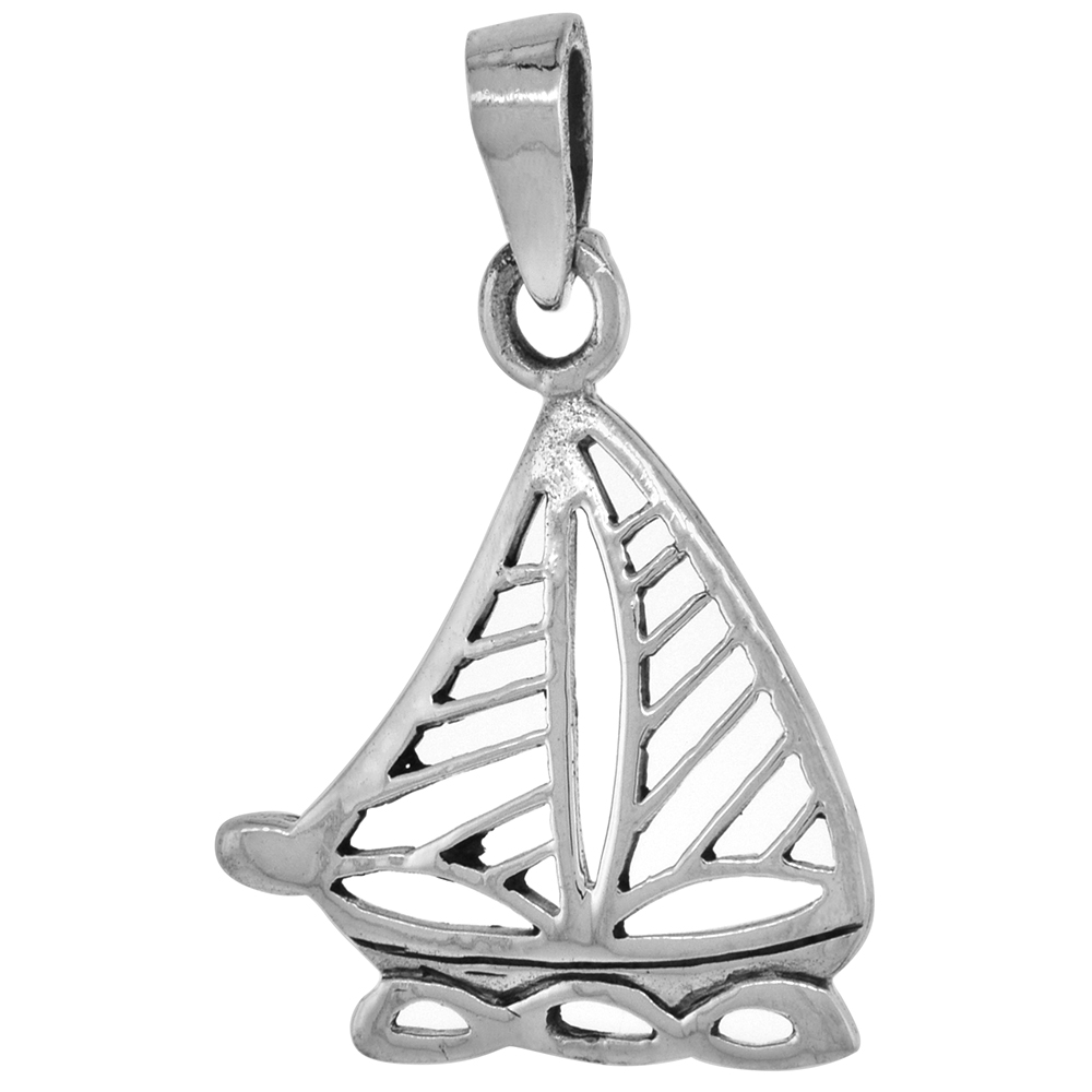 1 1/8 INCH STERLING SILVER FILIGREE SAILBOAT PENDANT DIAMOND-CUT OXIDIZED FINISH NO CHAIN