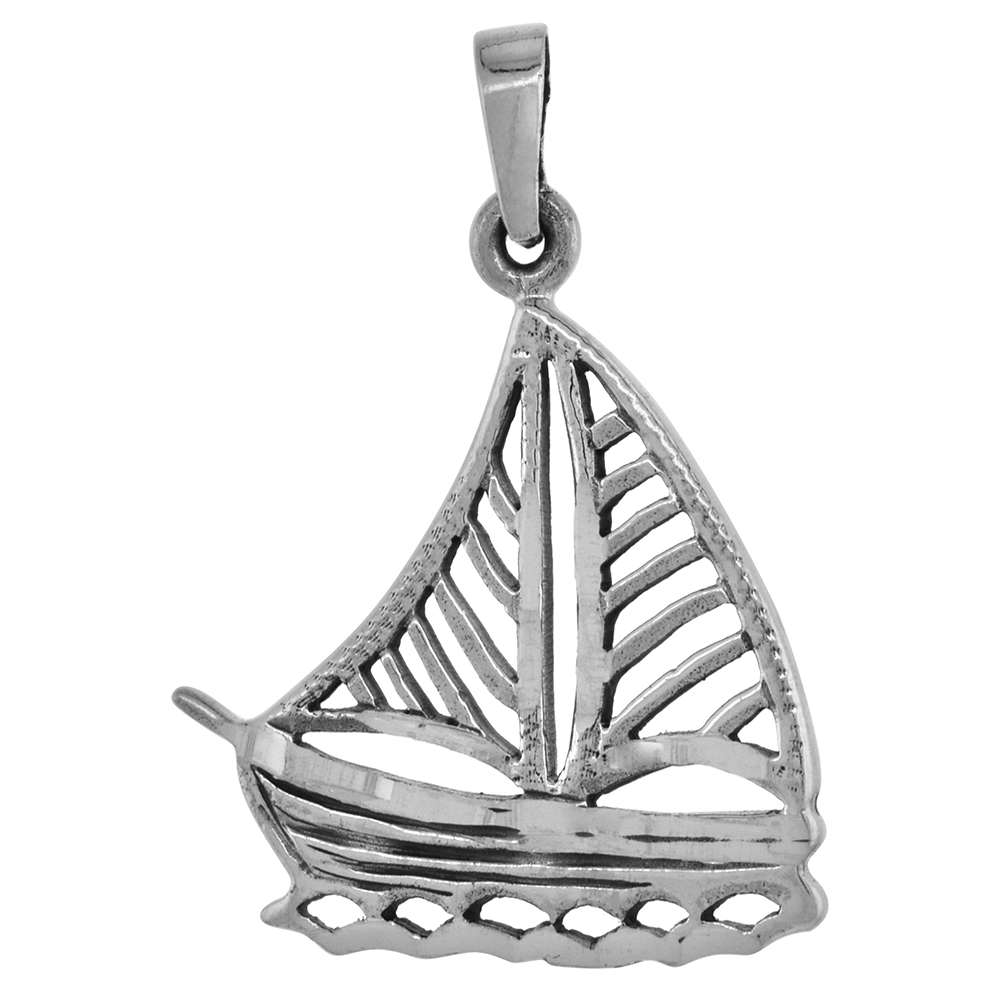 1 1/4 INCH STERLING SILVER FILIGREE SAILBOAT PENDANT DIAMOND-CUT OXIDIZED FINISH NO CHAIN