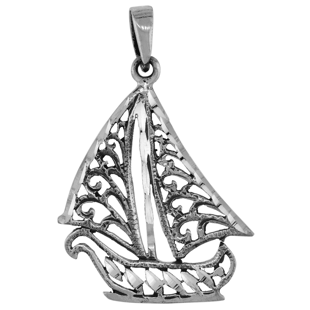 1 1/2 INCH STERLING SILVER SAILBOAT PENDANT DIAMOND-CUT OXIDIZED FINISH NO CHAIN