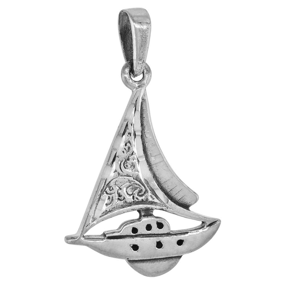 1 1/2 INCH STERLING SILVER SAIL YACHT PENDANT DIAMOND-CUT OXIDIZED FINISH NO CHAIN