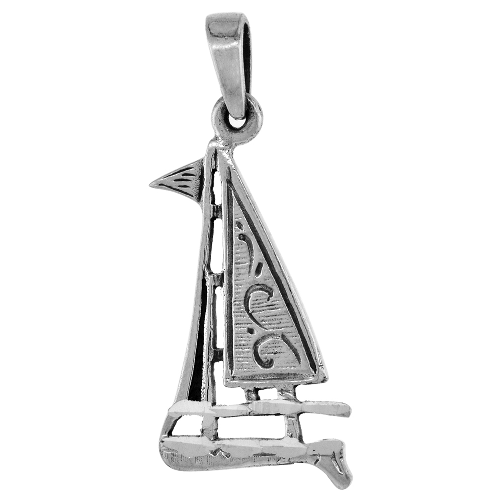 1 1/2 INCH STERLING SILVER SAILBOAT PENDANT DIAMOND-CUT OXIDIZED FINISH NO CHAIN