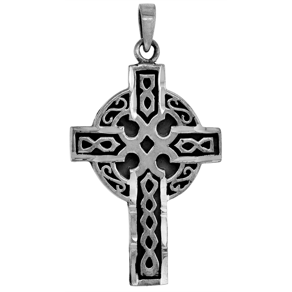 LARGE 1 3/4 INCH STERLING SILVER CELTIC CROSS PENDANT HIGH CROSS FOR MEN DIAMOND-CUT OXIDIZED FINISH NO CHAIN