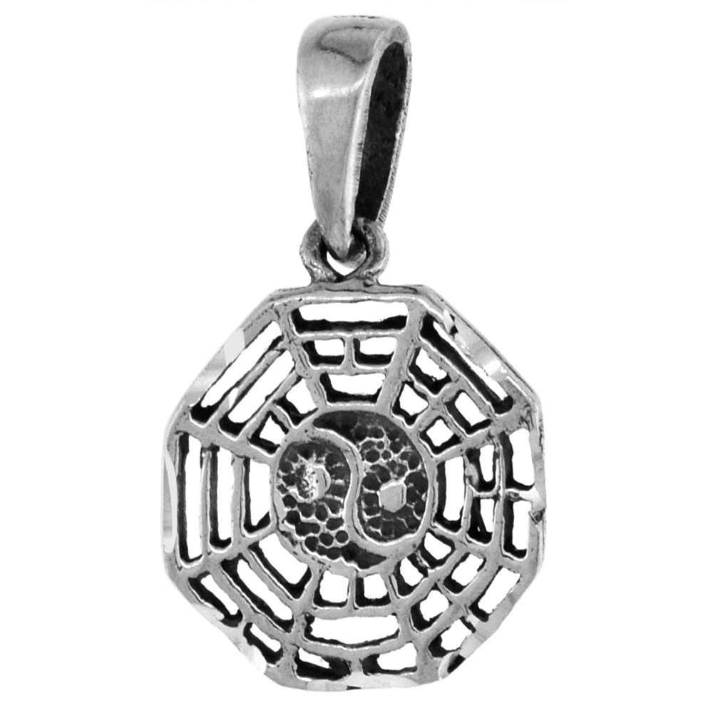 SMALL 3/4 INCH STERLING SILVER EIGHT DIRECTIONS OF THE BAGUA PENDANT FOR WOMEN DIAMOND-CUT OXIDIZED FINISH NO CHAIN