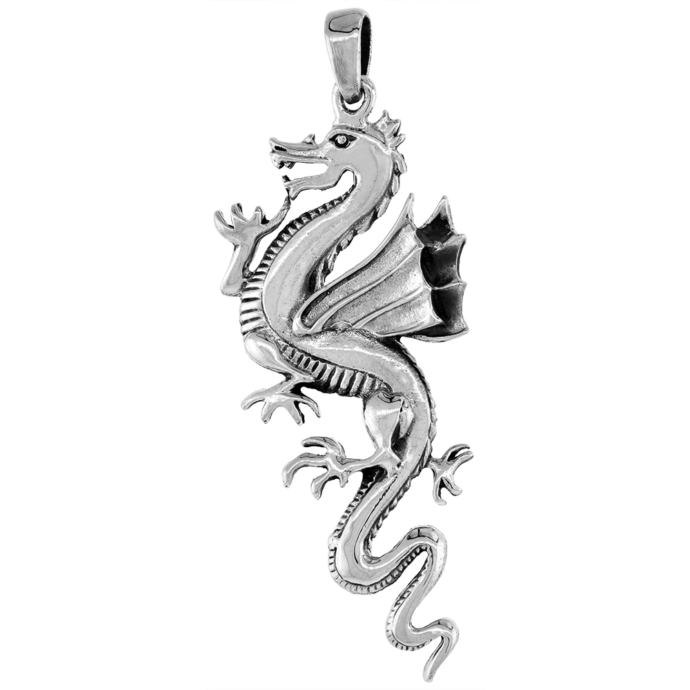 LARGE 2 1/2 INCH STERLING SILVER CHINESE FLYING DRAGON PENDANT DIAMOND-CUT OXIDIZED FINISH NO CHAIN