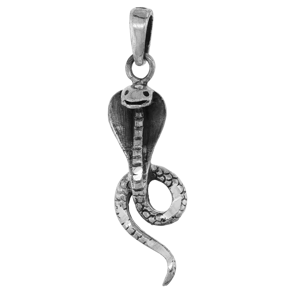1 1/2 INCH STERLING SILVER COBRA SNAKE PENDANT DIAMOND-CUT OXIDIZED FINISH NO CHAIN