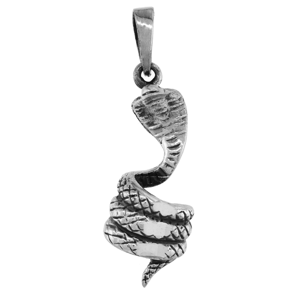 1 1/4 INCH STERLING SILVER COILED COBRA SNAKE PENDANT DIAMOND-CUT OXIDIZED FINISH NO CHAIN