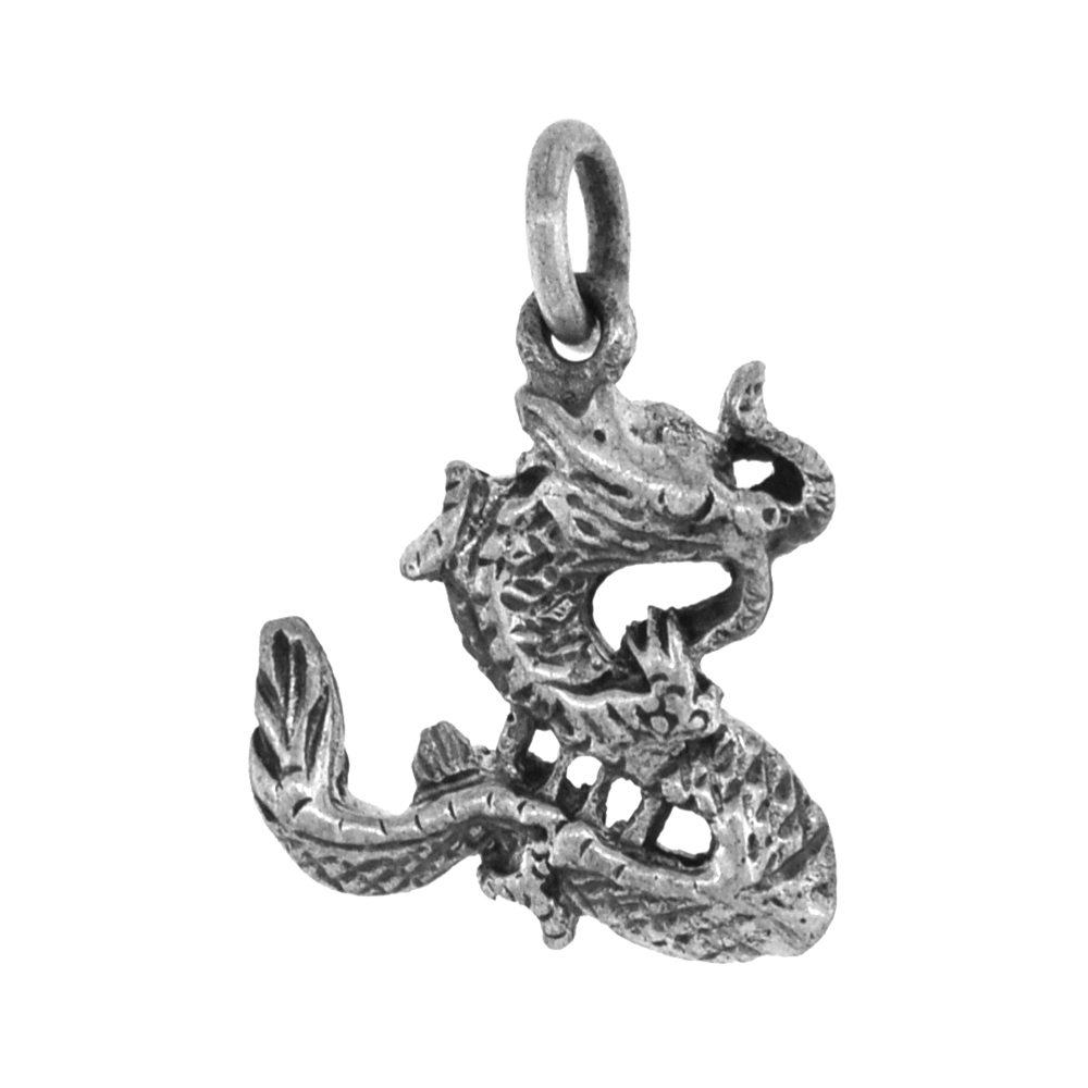 TINY 5/8 INCH STERLING SILVER CHINESE DRAGON PENDANT FOR WOMEN DIAMOND-CUT OXIDIZED FINISH NO CHAIN