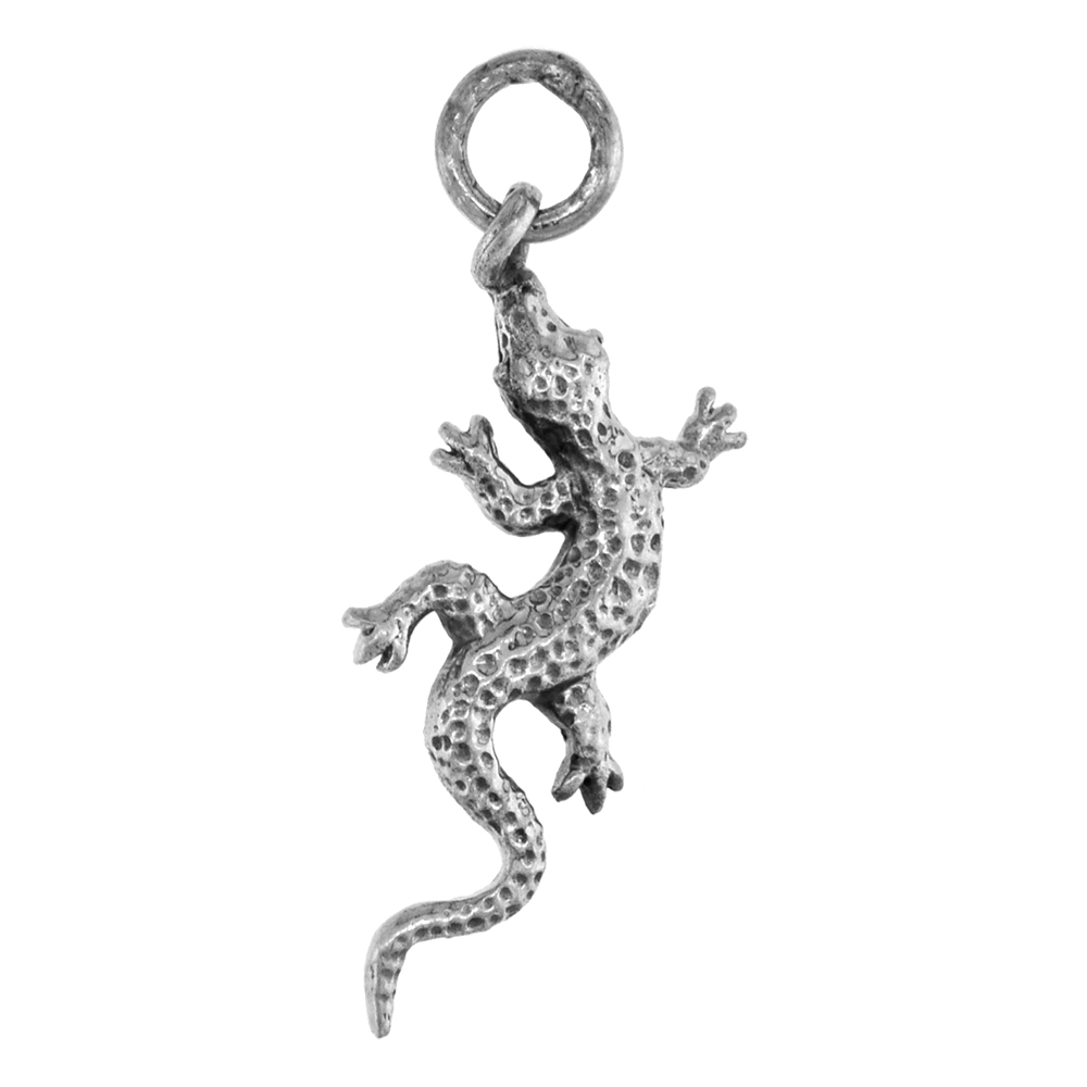 SMALL 7/8 INCH STERLING SILVER GECKO PENDANT DIAMOND-CUT OXIDIZED FINISH NO CHAIN