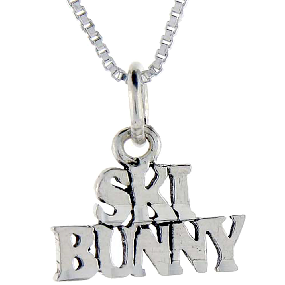 STERLING SILVER SKI BUNNY WORD PENDANT TALKING CHARM FOR WOMEN AND MEN 1 INCH WIDE