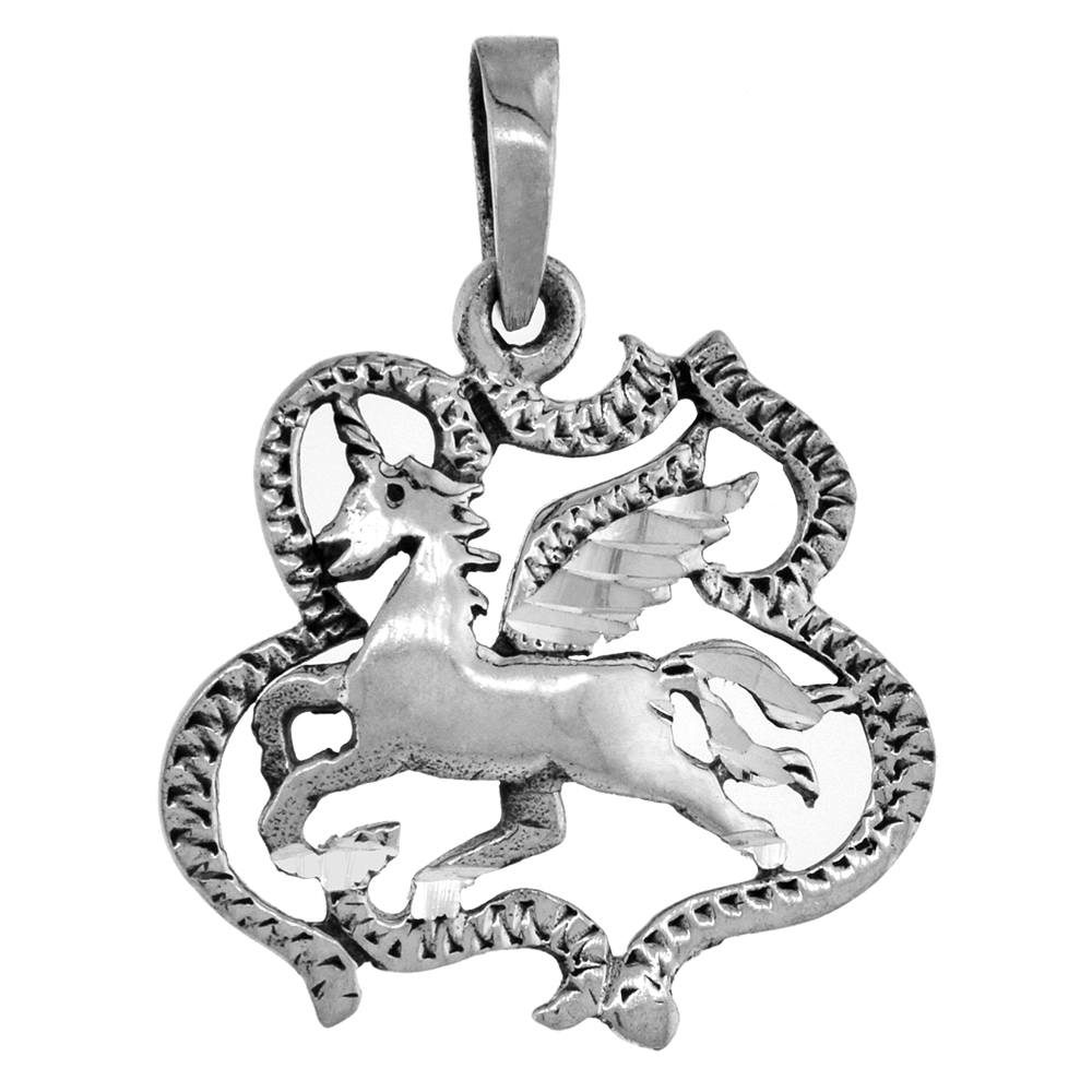 SMALL 3/4 INCH STERLING SILVER PEGASUS UNICORN PENDANT FOR WOMEN DIAMOND-CUT OXIDIZED FINISH NO CHAIN