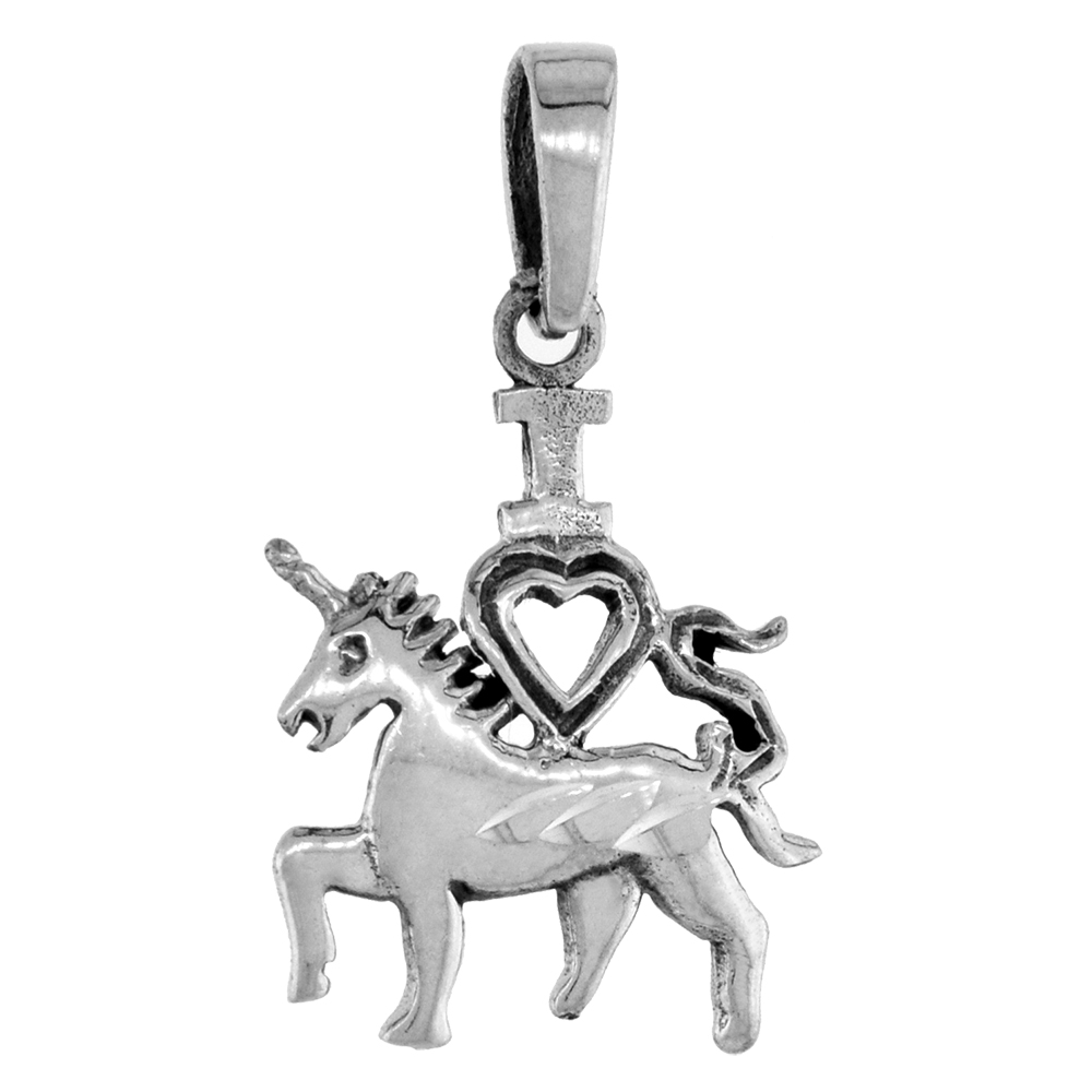 SMALL 3/4 INCH STERLING SILVER HEART AND UNICORN PENDANT FOR WOMEN DIAMOND-CUT OXIDIZED FINISH NO CHAIN