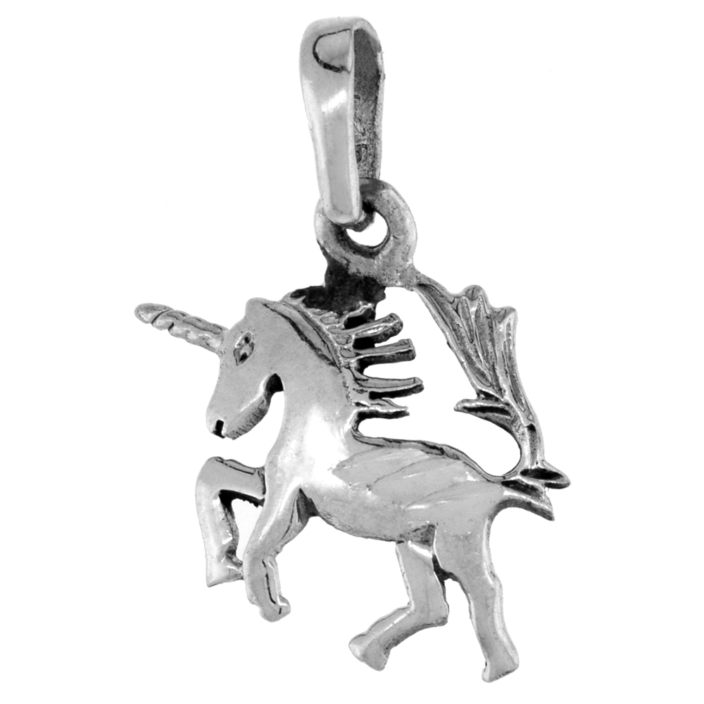 SMALL 3/4 INCH STERLING SILVER PRANCING UNICORN PENDANT FOR WOMEN DIAMOND-CUT OXIDIZED FINISH NO CHAIN