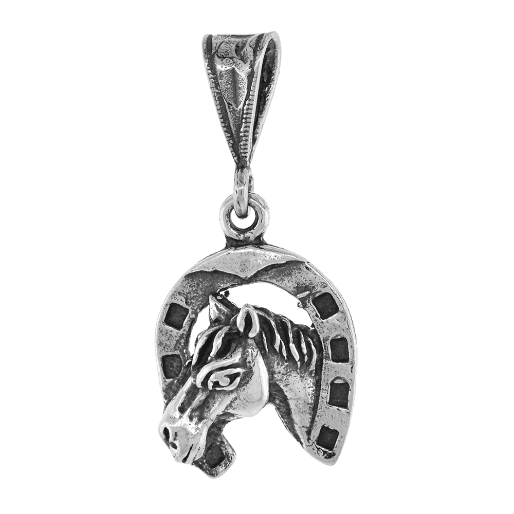 SMALL 3/4 INCH STERLING SILVER HORSEHEAD IN HORSESHOE PENDANT FOR MEN AND WOMEN DIAMOND-CUT OXIDIZED FINISH NO CHAIN