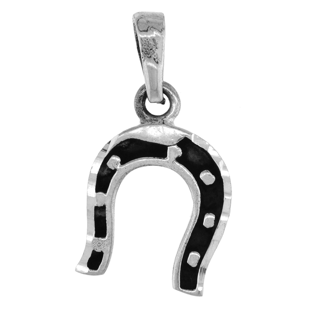 SMALL 3/4 INCH STERLING SILVER 7 NAIL HORSESHOE PENDANT FOR MEN AND WOMEN DIAMOND-CUT OXIDIZED FINISH NO CHAIN